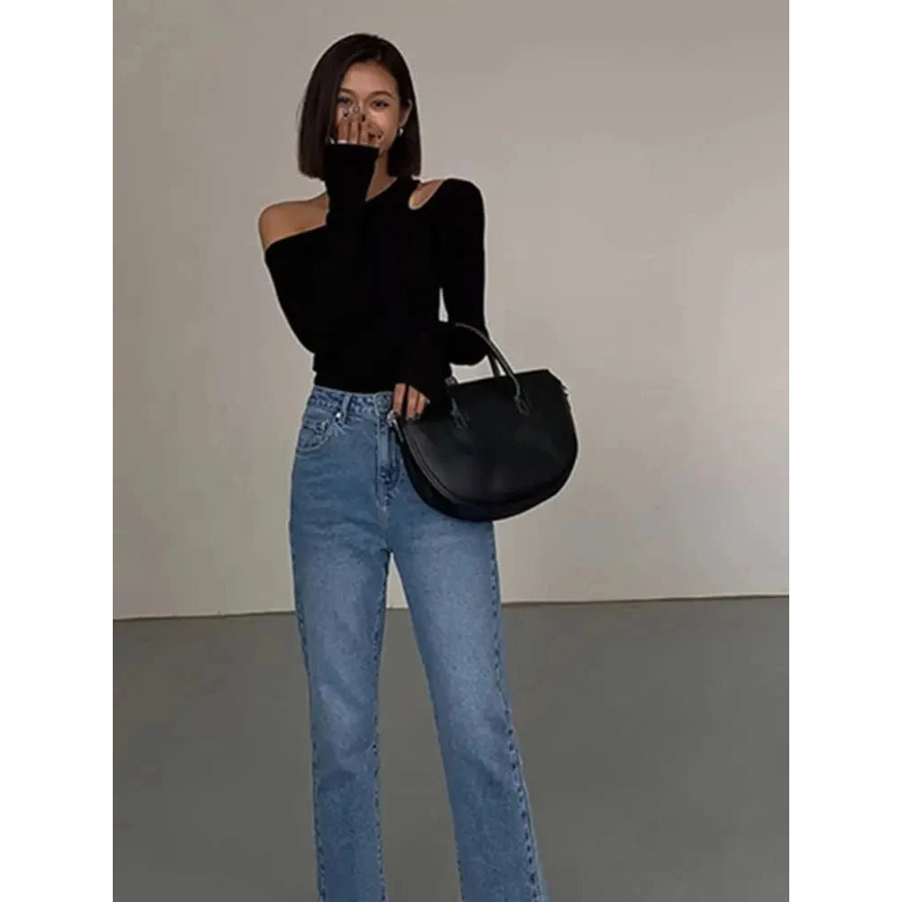 Camisetas de manga larga con hombros descubiertos y cuello oblicuo para mujer, Top corto liso ajustado, camisetas caladas sexys para primavera - VibraStore