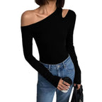 Camisetas de manga larga con hombros descubiertos y cuello oblicuo para mujer, Top corto liso ajustado, camisetas caladas sexys para primavera - VibraStore
