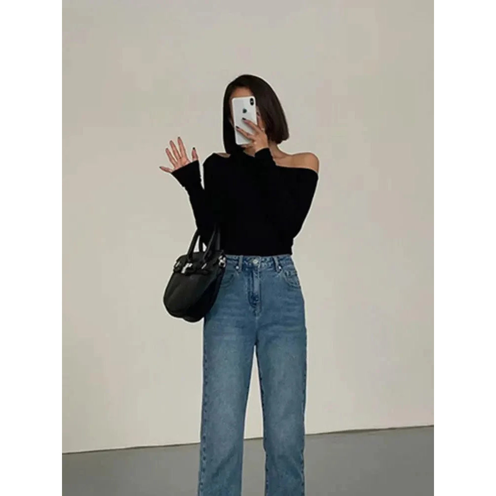 Camisetas de manga larga con hombros descubiertos y cuello oblicuo para mujer, Top corto liso ajustado, camisetas caladas sexys para primavera - VibraStore