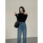 Camisetas de manga larga con hombros descubiertos y cuello oblicuo para mujer, Top corto liso ajustado, camisetas caladas sexys para primavera - VibraStore
