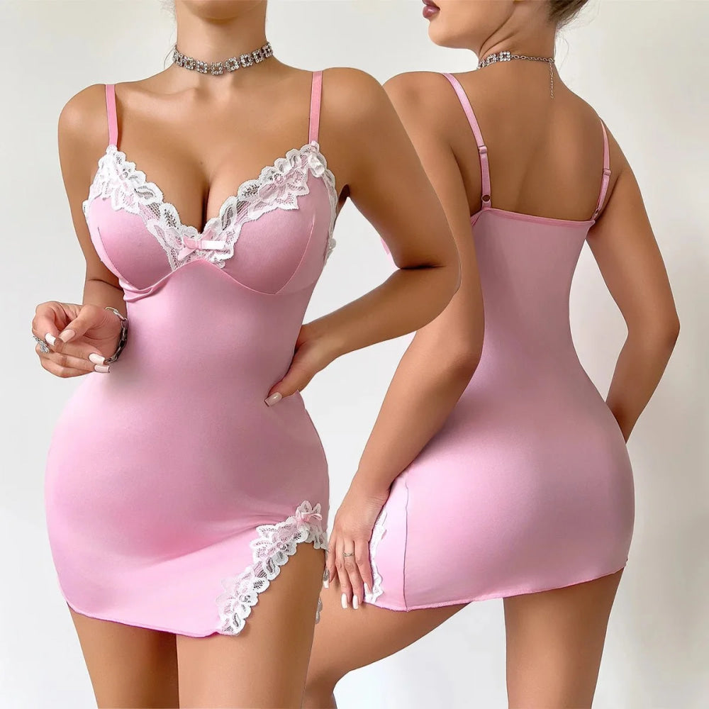 Camisón de verano para mujer, seductor, rosa, escote en V profundo, sin mangas, moda de encaje, pijama para dormir, lencería para mujer, camisón, ropa de casa - VibraStore