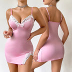 Camisón de verano para mujer, seductor, rosa, escote en V profundo, sin mangas, moda de encaje, pijama para dormir, lencería para mujer, camisón, ropa de casa - VibraStore