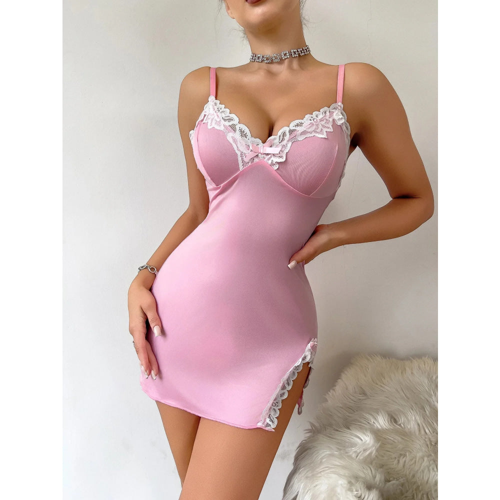 Camisón de verano para mujer, seductor, rosa, escote en V profundo, sin mangas, moda de encaje, pijama para dormir, lencería para mujer, camisón, ropa de casa - VibraStore