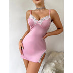 Camisón de verano para mujer, seductor, rosa, escote en V profundo, sin mangas, moda de encaje, pijama para dormir, lencería para mujer, camisón, ropa de casa - VibraStore