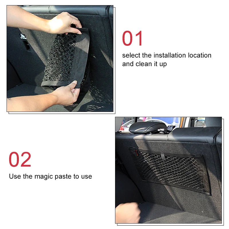 Car Back Rear Mesh Trunk Seat Elastic String Net Magic Sticker Universal Storage Bag Pocket Cage Auto Organizer Seat Back Bag - VibraStore