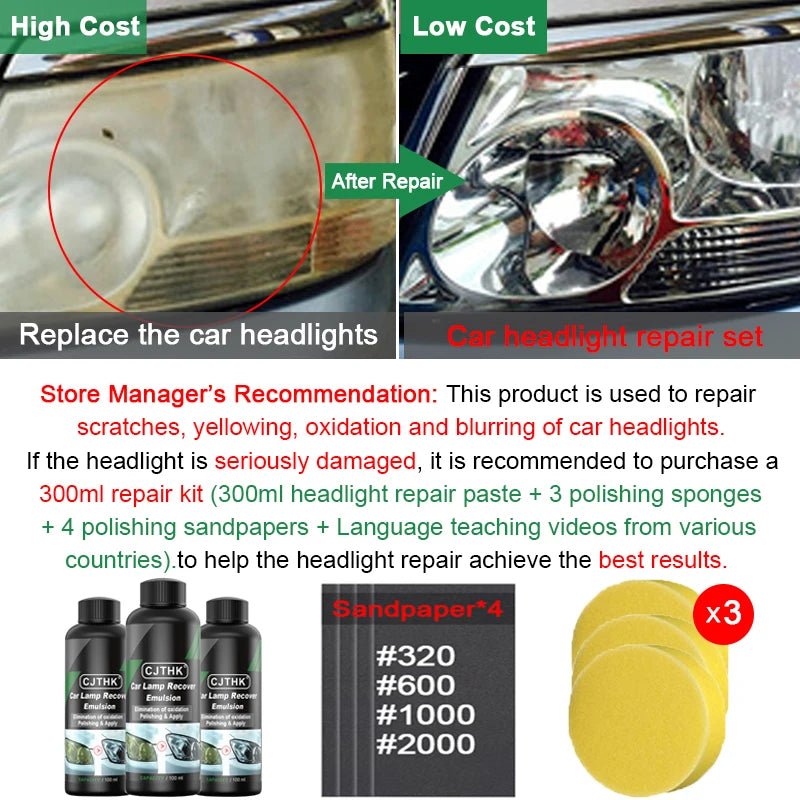 Car Headlight Restoration Polishing Kits Headlamp Scratch Remover Repair Cleaning Paste Remove Oxidation Headlight Polish Liquid - VibraStore