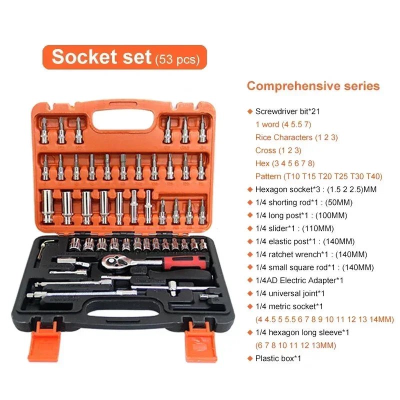 Car Toolbox Set Fast Ratchet Wrench 53/46pcs Socket Group Bit Industrial - grade Toolbox Auto Repair Tools Set Maintenance Amagi - VibraStore