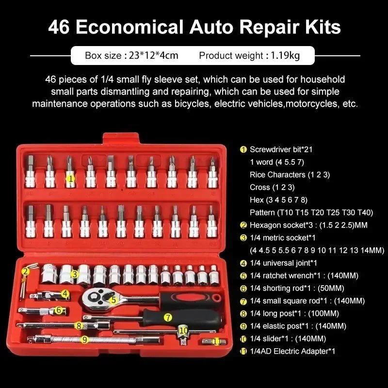 Car Toolbox Set Fast Ratchet Wrench 53/46pcs Socket Group Bit Industrial - grade Toolbox Auto Repair Tools Set Maintenance Amagi - VibraStore