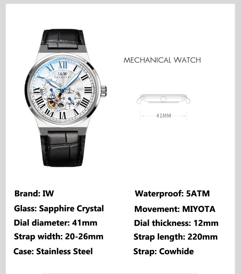 Carnival Brand IW High - end Series Luxury Skeleton Mechanical Watch for Men 50M Waterproof MIYOTA Movement Automatic Watches Mens - VibraStore