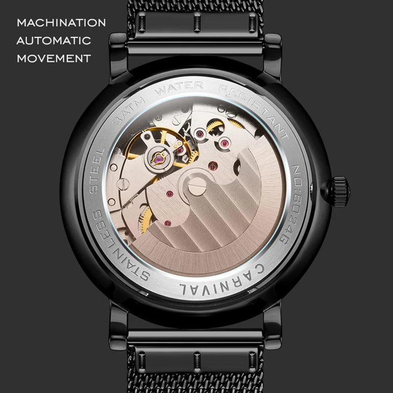 CARNIVAL Top Brand Men Fashion Mechanical Watch Waterproof Stainless Steel Black Mesh Hollow Automatic Watch Relogio Masculino - VibraStore