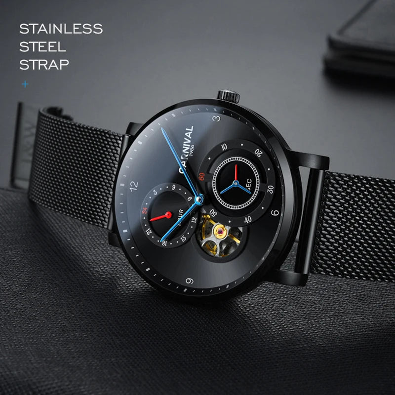 CARNIVAL Top Brand Men Fashion Mechanical Watch Waterproof Stainless Steel Black Mesh Hollow Automatic Watch Relogio Masculino - VibraStore