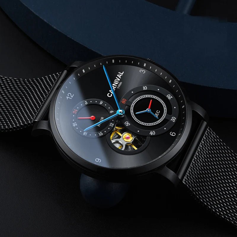 CARNIVAL Top Brand Men Fashion Mechanical Watch Waterproof Stainless Steel Black Mesh Hollow Automatic Watch Relogio Masculino - VibraStore