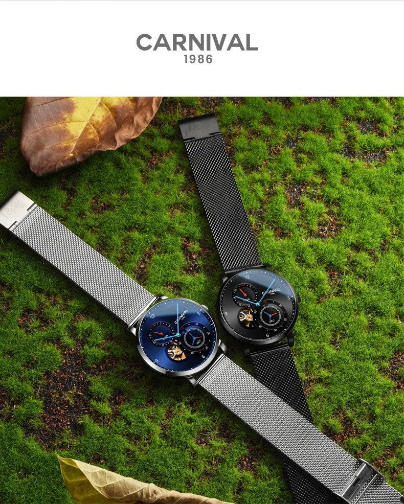 CARNIVAL Top Brand Men Fashion Mechanical Watch Waterproof Stainless Steel Black Mesh Hollow Automatic Watch Relogio Masculino - VibraStore