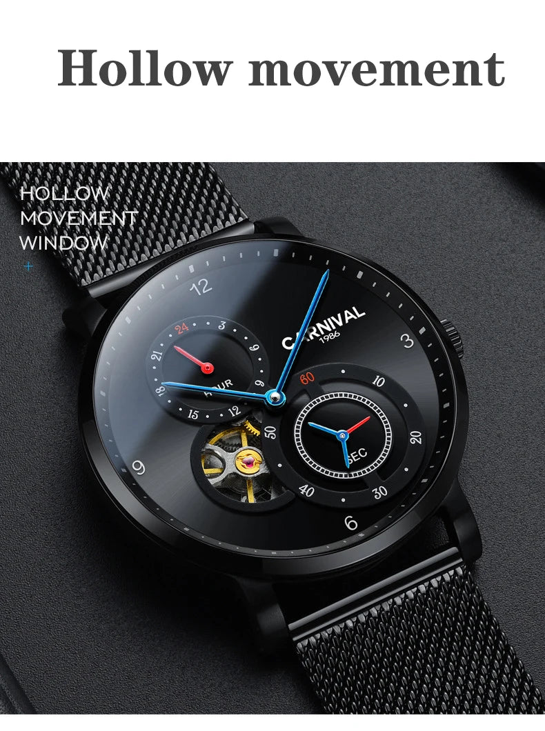 CARNIVAL Top Brand Men Fashion Mechanical Watch Waterproof Stainless Steel Black Mesh Hollow Automatic Watch Relogio Masculino - VibraStore