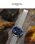 CARNIVAL Top Brand Men Fashion Mechanical Watch Waterproof Stainless Steel Black Mesh Hollow Automatic Watch Relogio Masculino - VibraStore