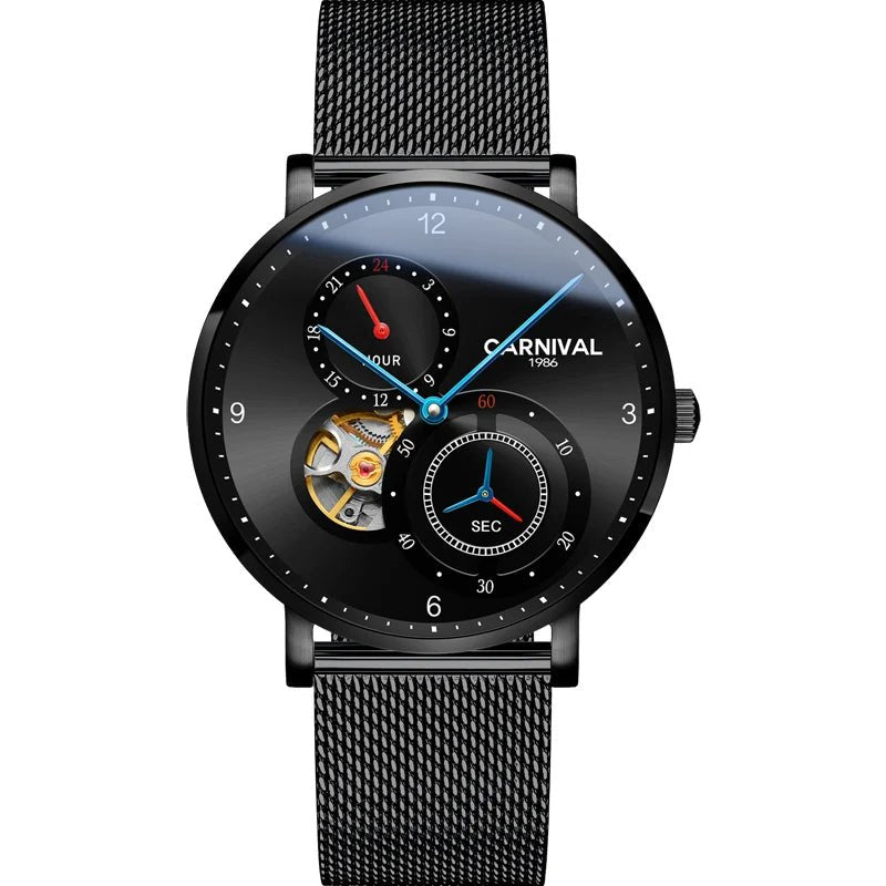CARNIVAL Top Brand Men Fashion Mechanical Watch Waterproof Stainless Steel Black Mesh Hollow Automatic Watch Relogio Masculino - VibraStore