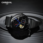 CARNIVAL Top Brand Men Fashion Mechanical Watch Waterproof Stainless Steel Black Mesh Hollow Automatic Watch Relogio Masculino - VibraStore