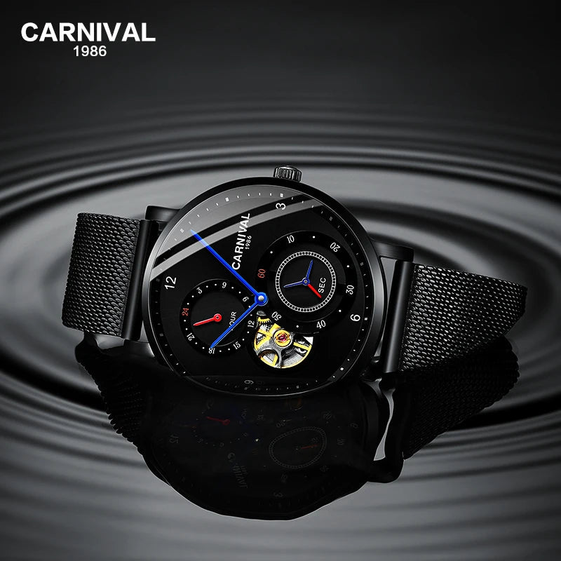 CARNIVAL Top Brand Men Fashion Mechanical Watch Waterproof Stainless Steel Black Mesh Hollow Automatic Watch Relogio Masculino - VibraStore