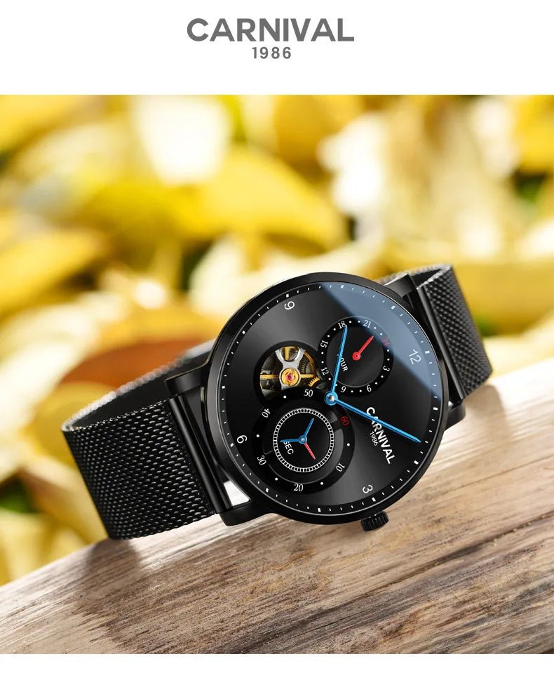CARNIVAL Top Brand Men Fashion Mechanical Watch Waterproof Stainless Steel Black Mesh Hollow Automatic Watch Relogio Masculino - VibraStore