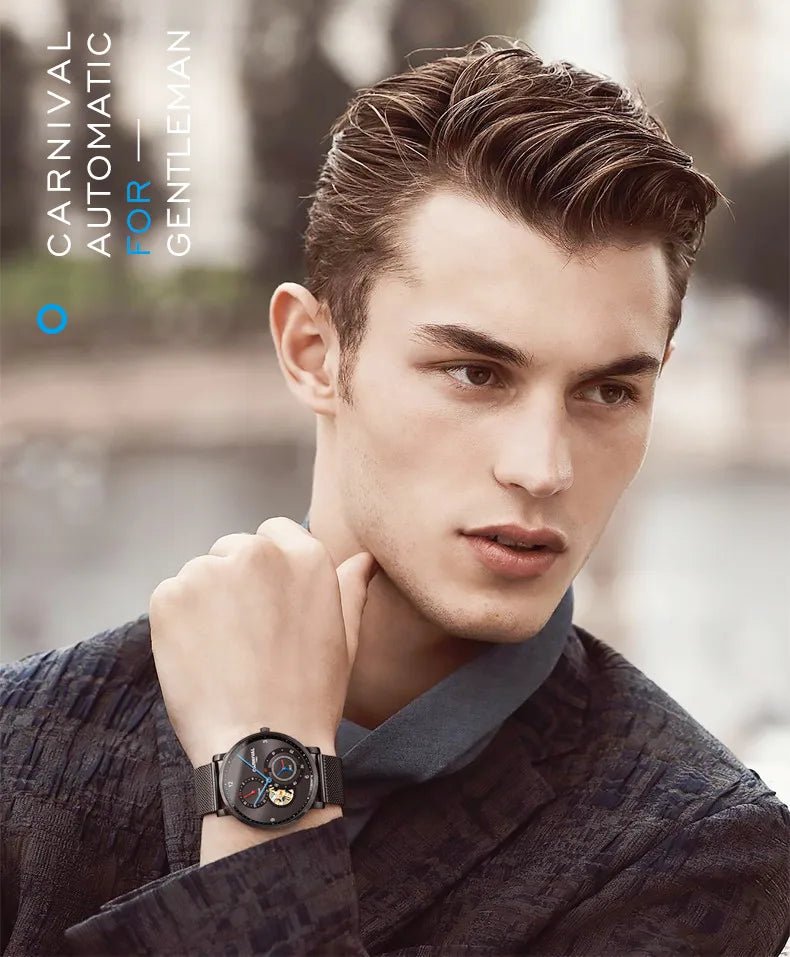 CARNIVAL Top Brand Men Fashion Mechanical Watch Waterproof Stainless Steel Black Mesh Hollow Automatic Watch Relogio Masculino - VibraStore