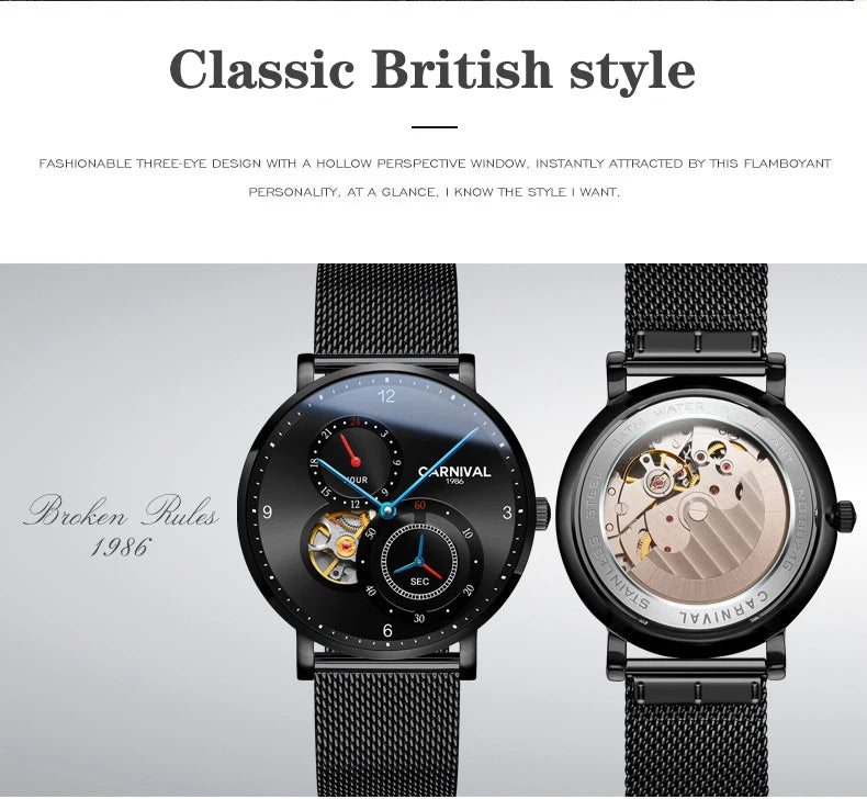 CARNIVAL Top Brand Men Fashion Mechanical Watch Waterproof Stainless Steel Black Mesh Hollow Automatic Watch Relogio Masculino - VibraStore