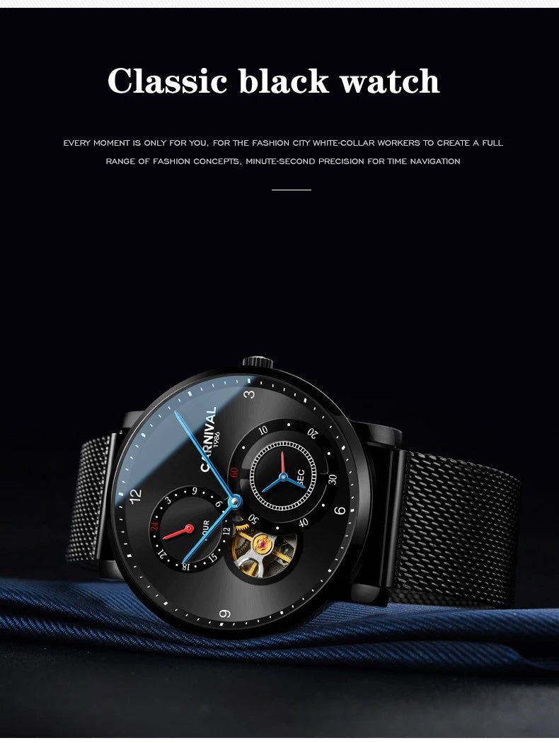 CARNIVAL Top Brand Men Fashion Mechanical Watch Waterproof Stainless Steel Black Mesh Hollow Automatic Watch Relogio Masculino - VibraStore