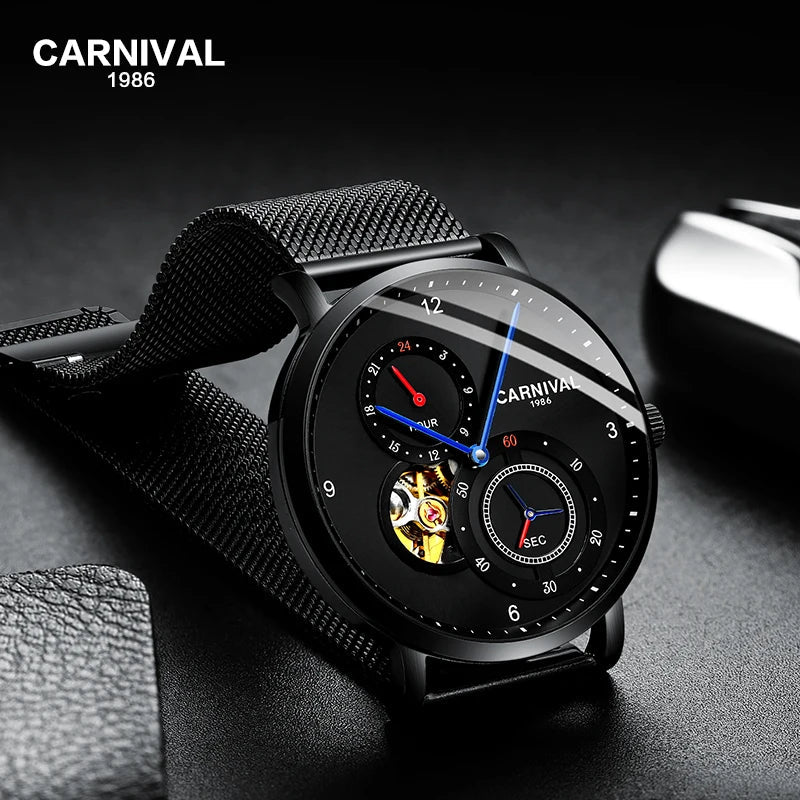 CARNIVAL Top Brand Men Fashion Mechanical Watch Waterproof Stainless Steel Black Mesh Hollow Automatic Watch Relogio Masculino - VibraStore