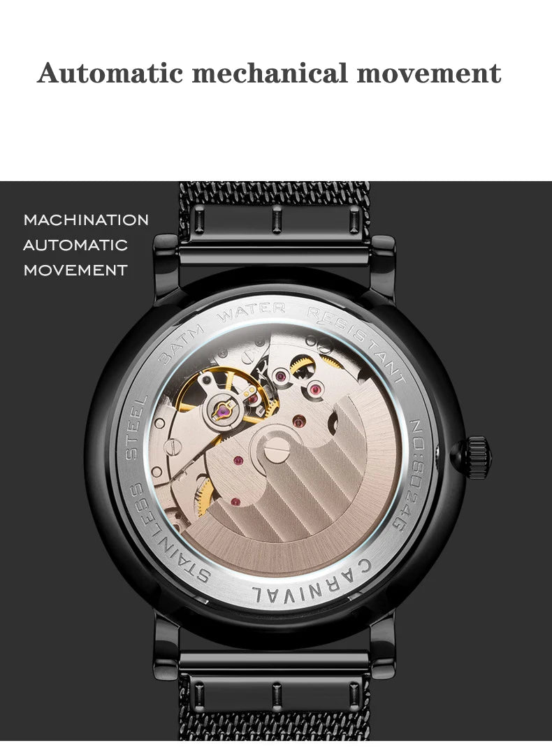 CARNIVAL Top Brand Men Fashion Mechanical Watch Waterproof Stainless Steel Black Mesh Hollow Automatic Watch Relogio Masculino - VibraStore