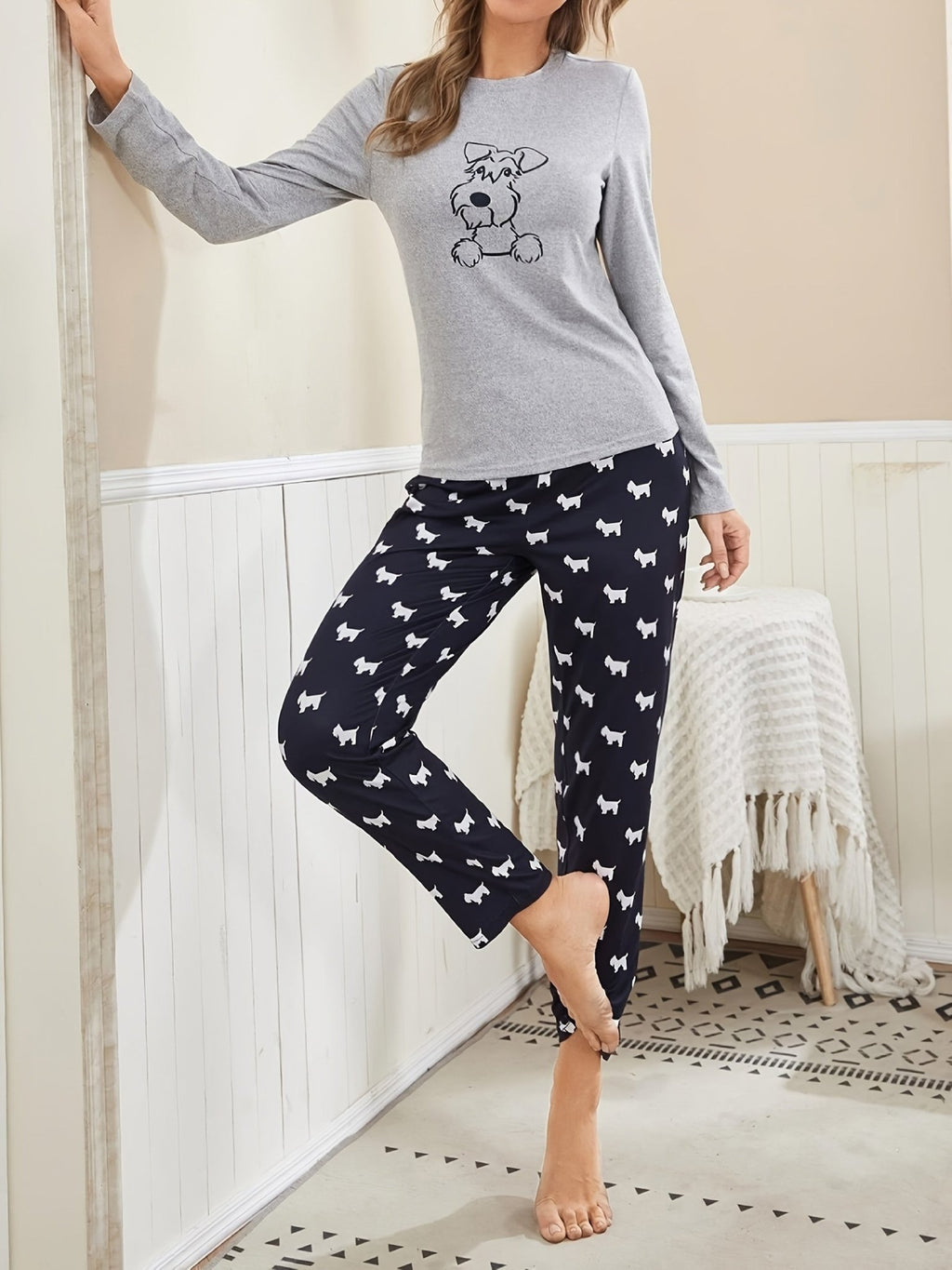 Cartoon Dog Print Pajama Set, Long Sleeve Crew Neck Top & Elastic Waistband Pants, Women's Sleepwear & Loungewear - VibraStore