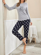 Cartoon Dog Print Pajama Set, Long Sleeve Crew Neck Top & Elastic Waistband Pants, Women's Sleepwear & Loungewear - VibraStore