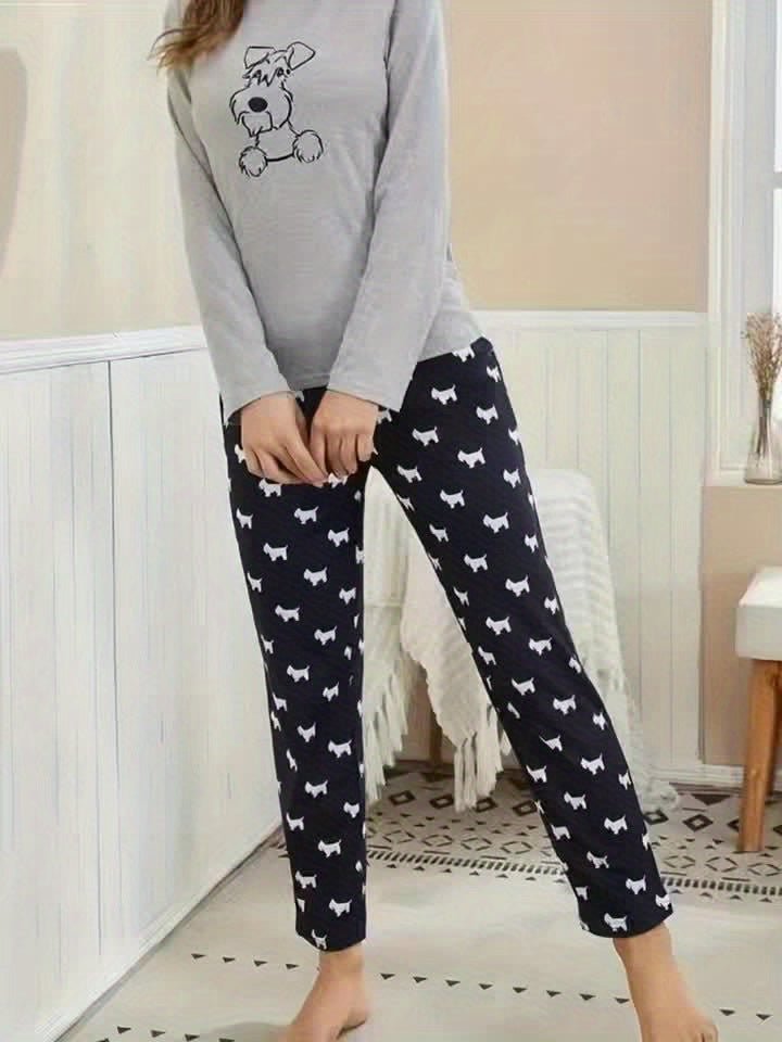 Cartoon Dog Print Pajama Set, Long Sleeve Crew Neck Top & Elastic Waistband Pants, Women's Sleepwear & Loungewear - VibraStore