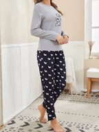 Cartoon Dog Print Pajama Set, Long Sleeve Crew Neck Top & Elastic Waistband Pants, Women's Sleepwear & Loungewear - VibraStore