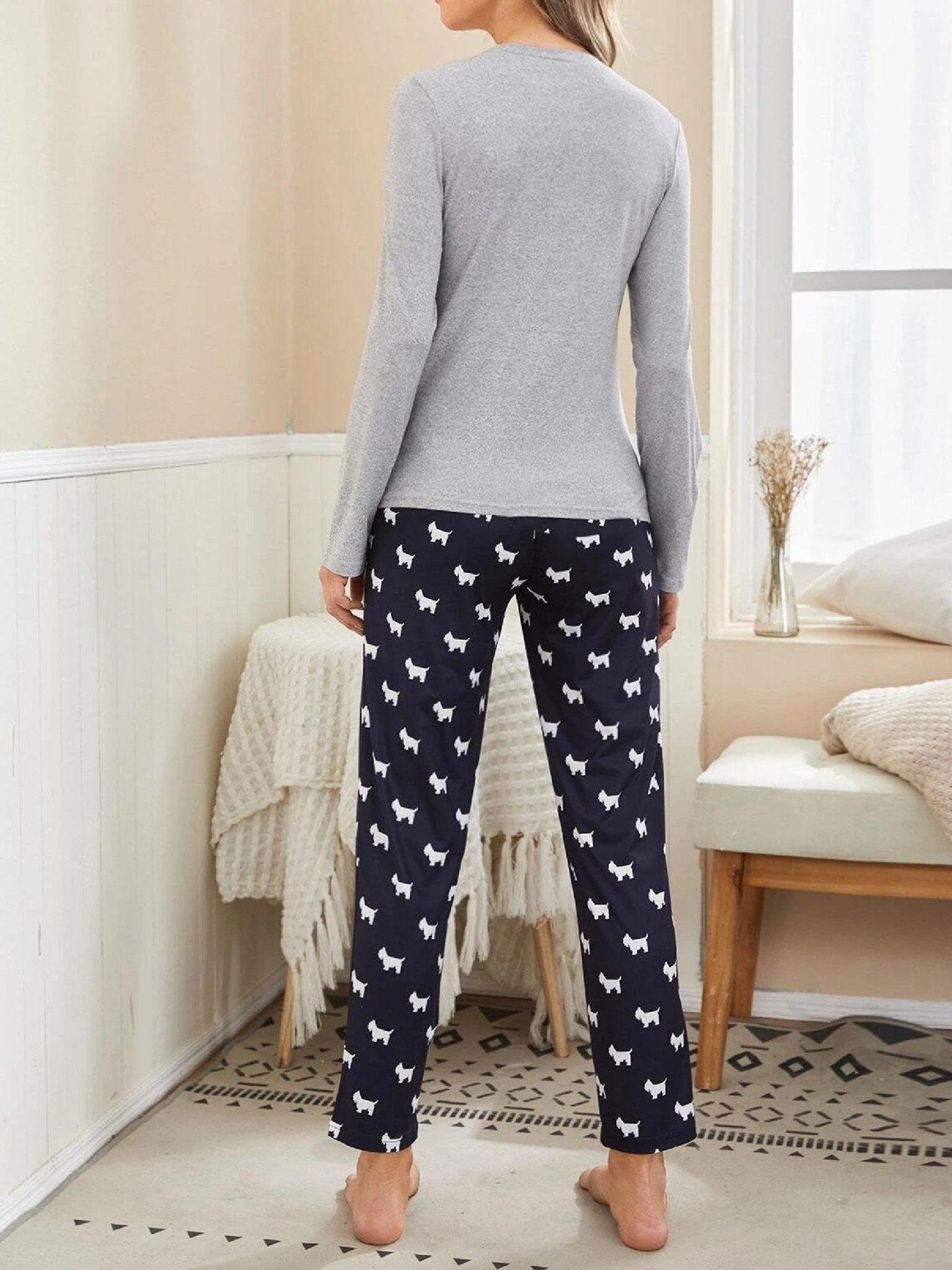 Cartoon Dog Print Pajama Set, Long Sleeve Crew Neck Top & Elastic Waistband Pants, Women's Sleepwear & Loungewear - VibraStore