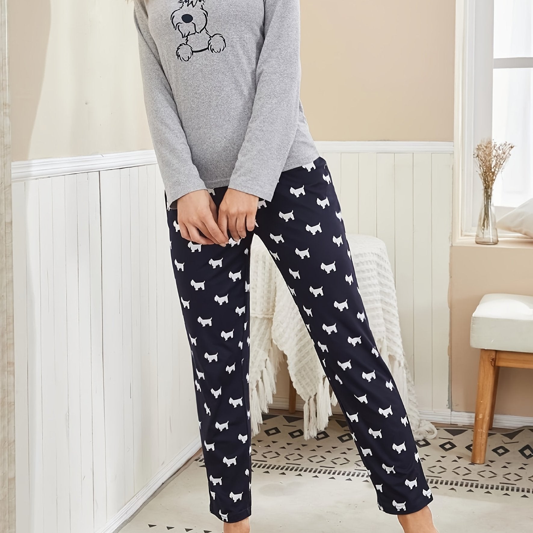 Cartoon Dog Print Pajama Set, Long Sleeve Crew Neck Top & Elastic Waistband Pants, Women's Sleepwear & Loungewear - VibraStore