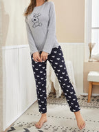 Cartoon Dog Print Pajama Set, Long Sleeve Crew Neck Top & Elastic Waistband Pants, Women's Sleepwear & Loungewear - VibraStore