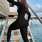 Casual Ribbed Zip - up Jumpsuit Long Sleeves - VibraStore