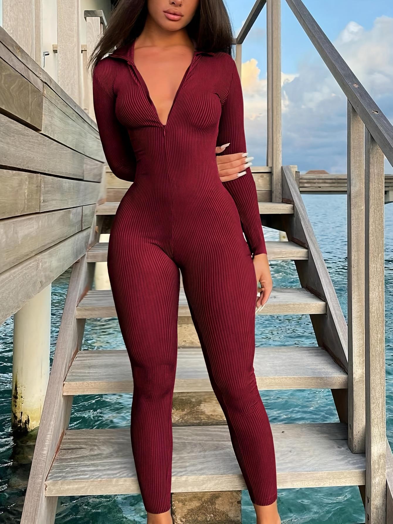 Casual Ribbed Zip - up Jumpsuit Long Sleeves - VibraStore