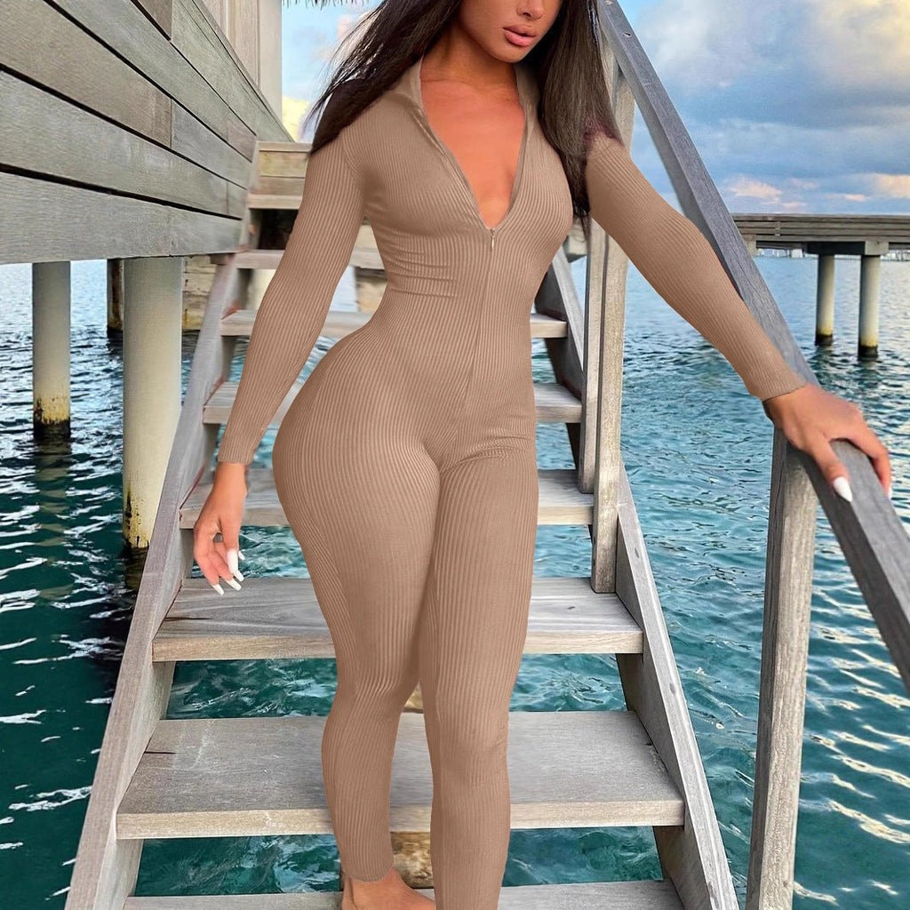 Casual Ribbed Zip - up Jumpsuit Long Sleeves - VibraStore