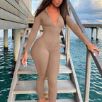 Casual Ribbed Zip - up Jumpsuit Long Sleeves - VibraStore