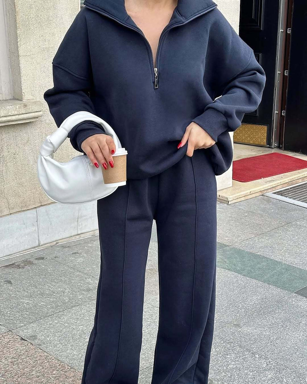 Casual Women's Fashion Half - zip Hoodie And Pants Two - piece Set Loose Casual Autumn And Winter Outfit - VibraStore