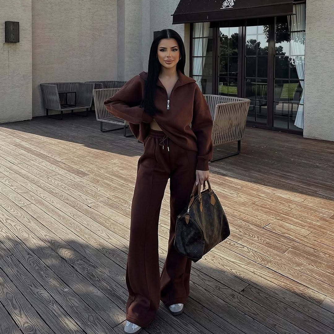 Casual Women's Fashion Half - zip Hoodie And Pants Two - piece Set Loose Casual Autumn And Winter Outfit - VibraStore