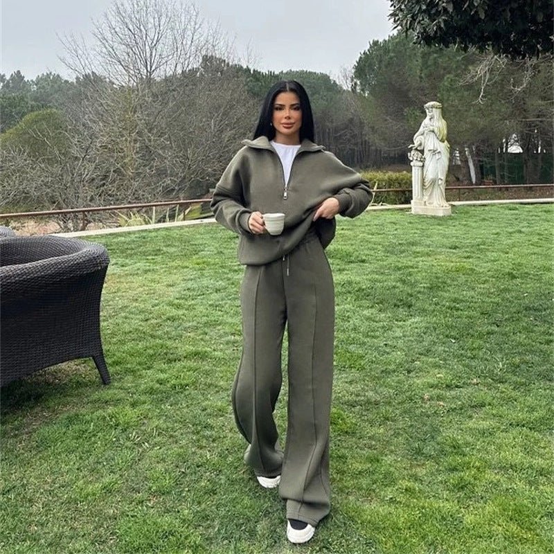 Casual Women's Fashion Half - zip Hoodie And Pants Two - piece Set Loose Casual Autumn And Winter Outfit - VibraStore