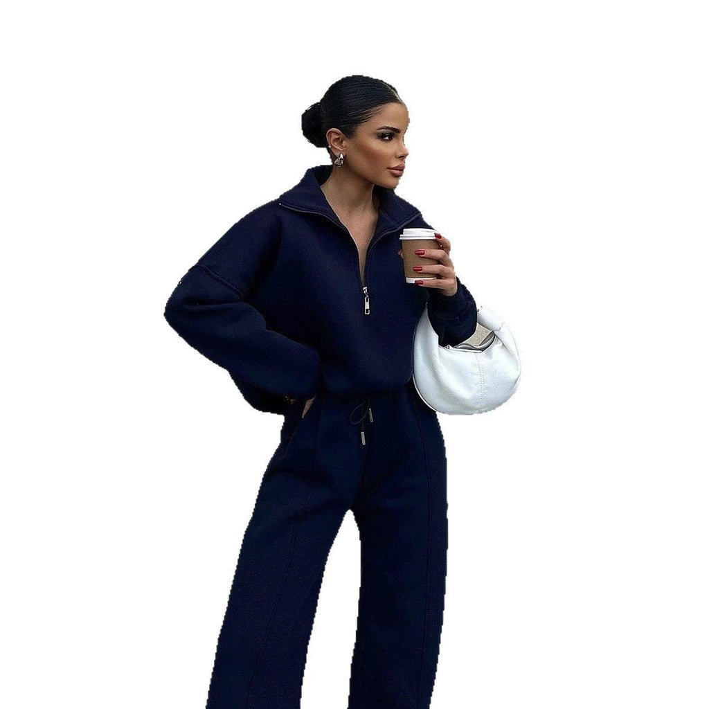 Casual Women's Fashion Half - zip Hoodie And Pants Two - piece Set Loose Casual Autumn And Winter Outfit - VibraStore