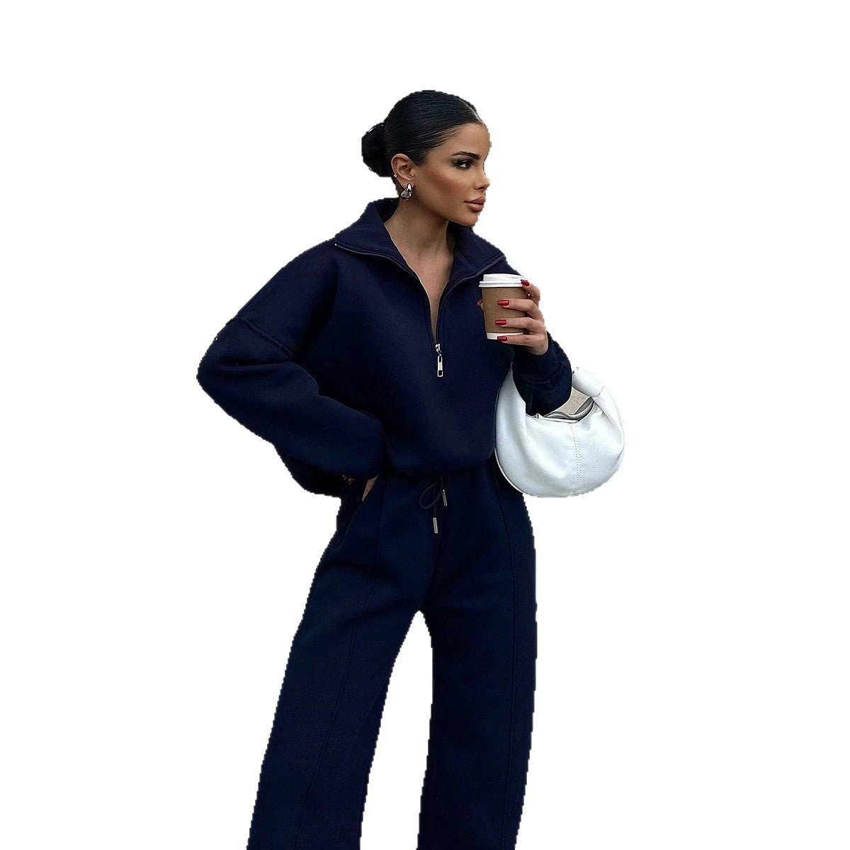 Casual Women's Fashion Half - zip Hoodie And Pants Two - piece Set Loose Casual Autumn And Winter Outfit - VibraStore