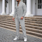 Waffle-textured Solid-color Stand-collar Shirt And Long-sleeve Pants Casual Set