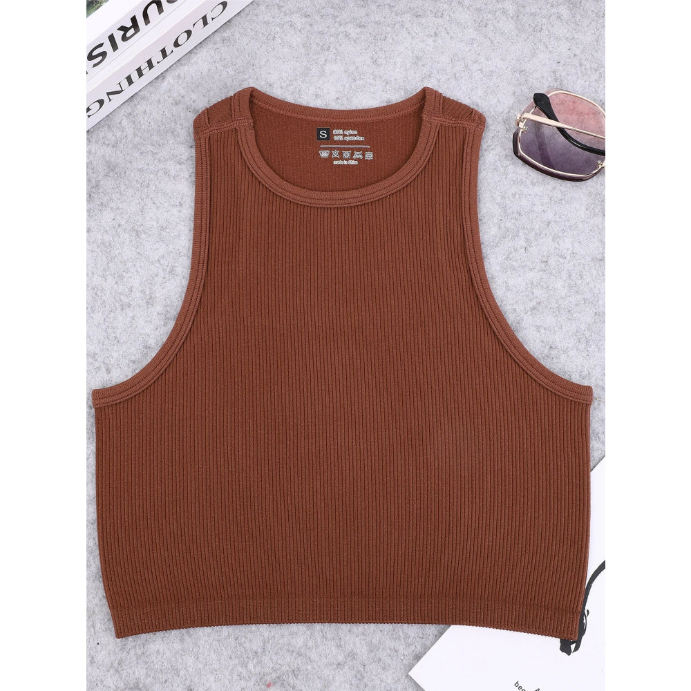 Chaleco de yoga de punto sin costuras de alta elasticidad para el vientre, chaleco acanalado sexy informal sin mangas, deporte de fitness para correr de secado rápido de nailon - VibraStore