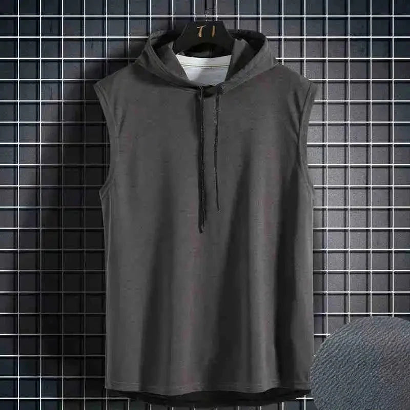 Chalecos sin mangas con capucha y cuello de corbata para hombre, camisetas holgadas de verano para hombre, camisetas de Hip Hop lisas - VibraStore