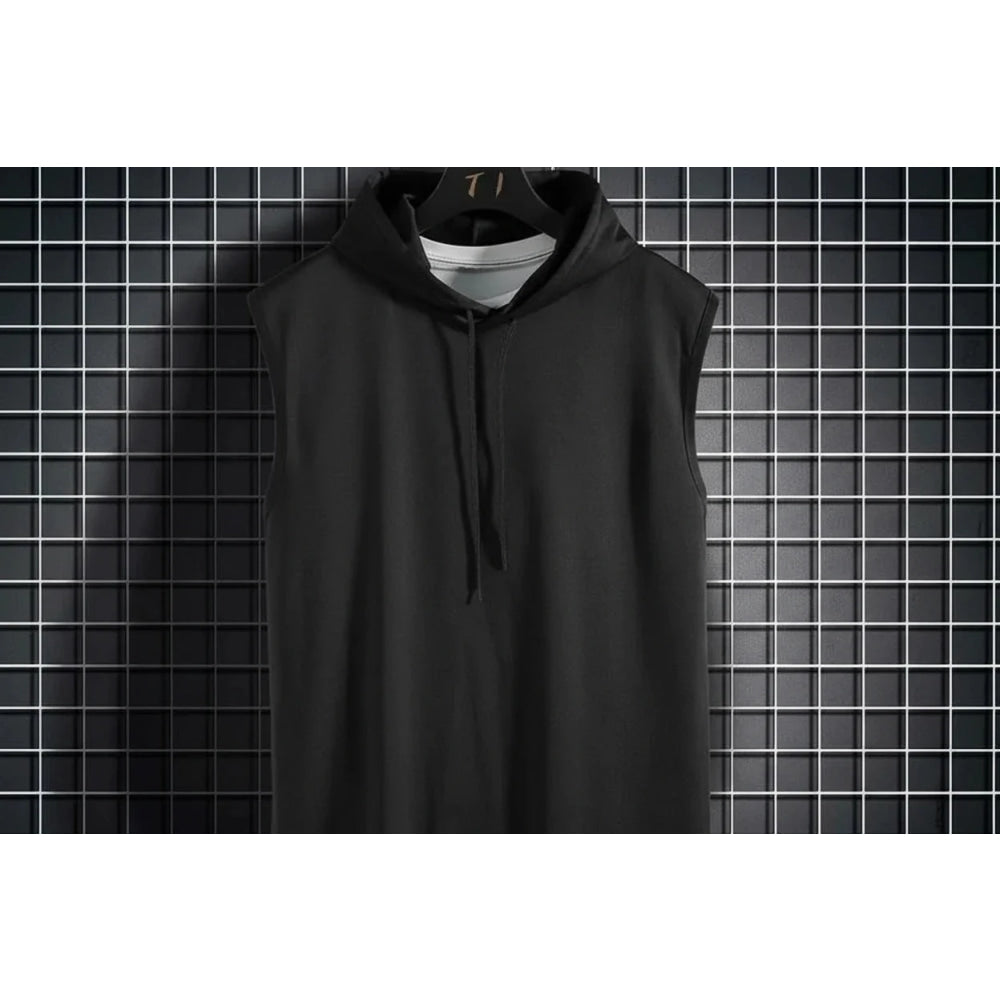 Chalecos sin mangas con capucha y cuello de corbata para hombre, camisetas holgadas de verano para hombre, camisetas de Hip Hop lisas - VibraStore