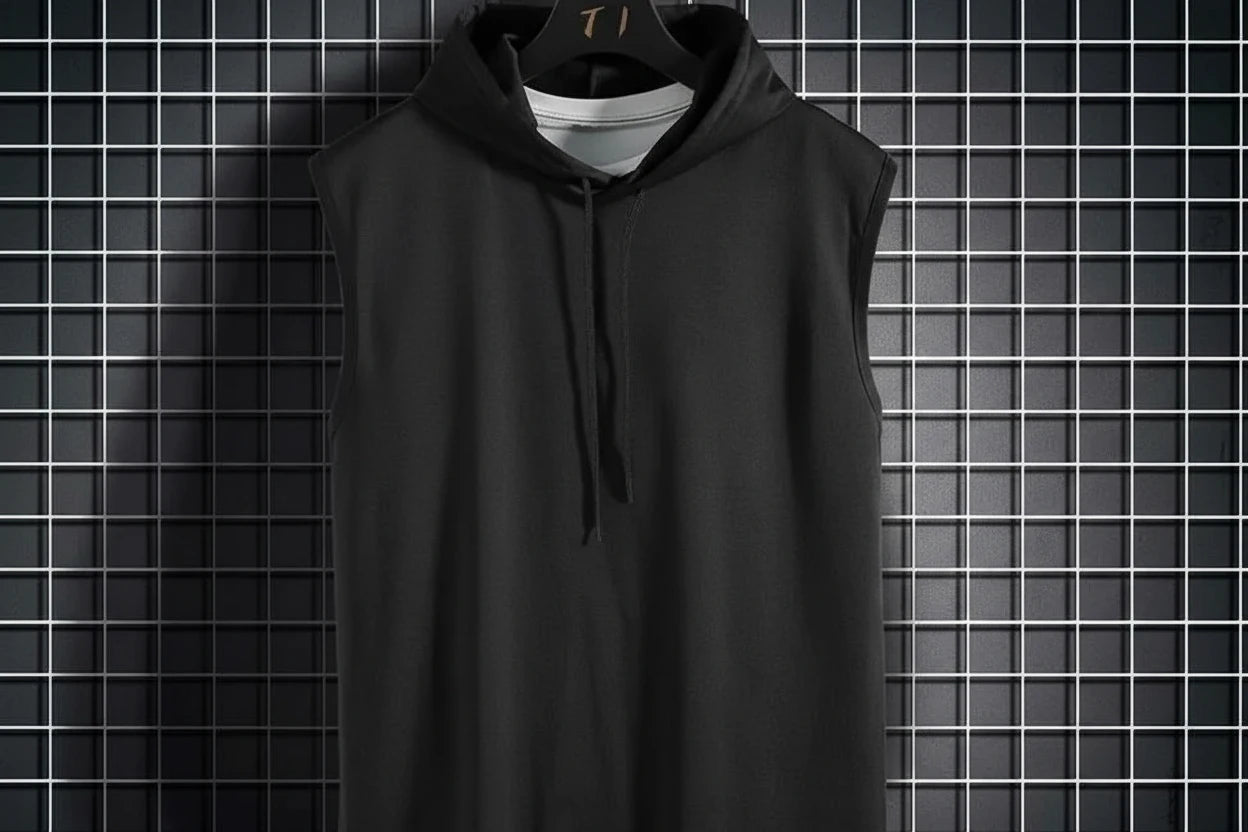Chalecos sin mangas con capucha y cuello de corbata para hombre, camisetas holgadas de verano para hombre, camisetas de Hip Hop lisas - VibraStore