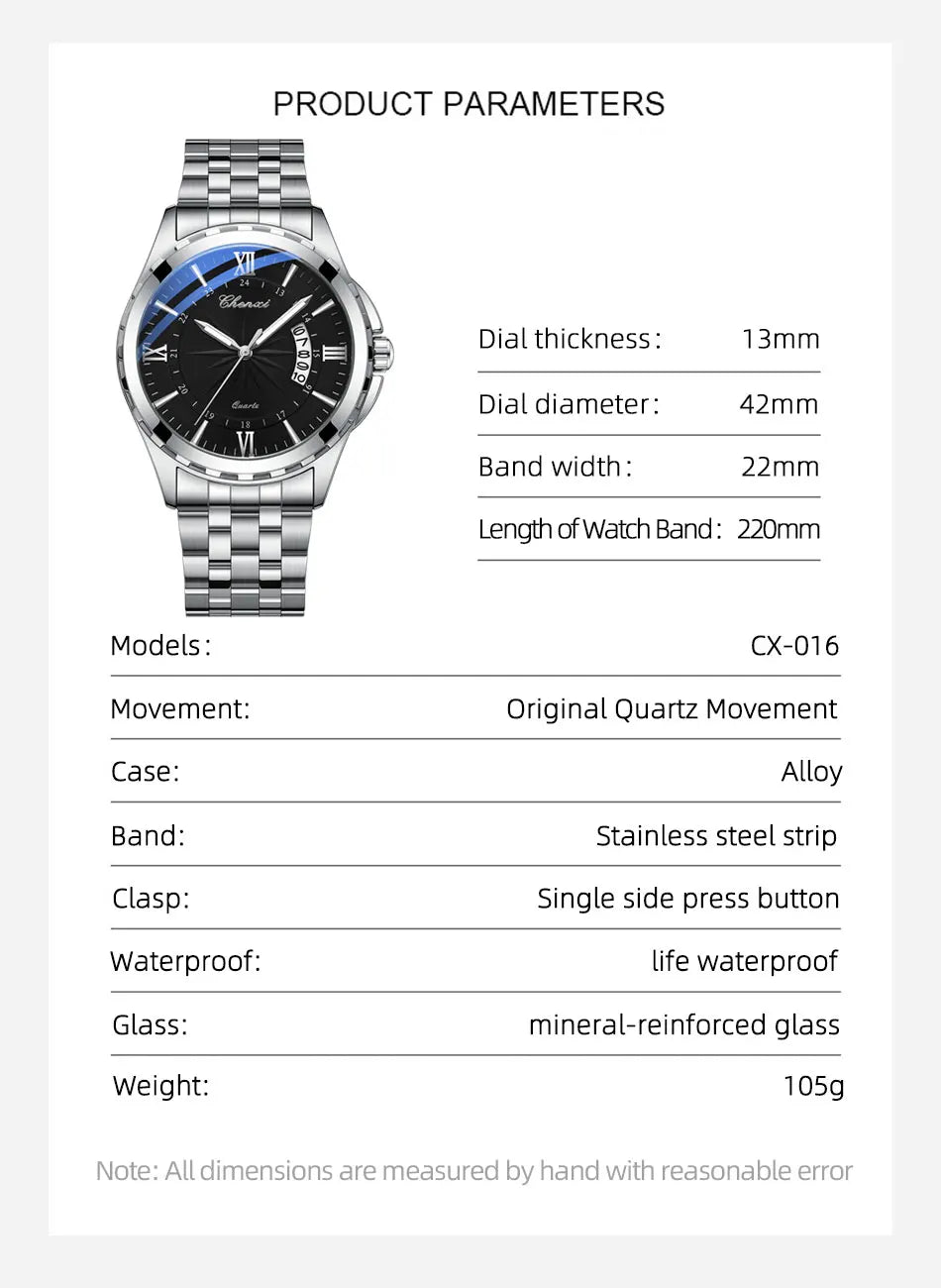 CHENXI Top Brand Luxury Analog Quartz Mens Watches Week Date Waterproof Watch Men Stainless Steel Luminous Business Dress Watch - VibraStore